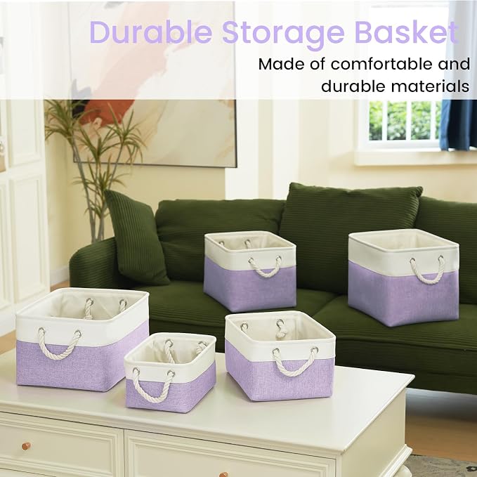 Storage Baskets for Shelves 11.8x7.9x5.2 Inch, Foldable Fabric Storage Bins with Handles, Small Storage Baskets for Organizing Closet, Office, Home Organization (3-Pack, White&Purple)