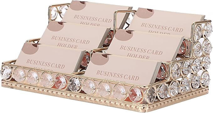 Hipiwe 3 Tiers Crystal Business Card Holder Gold Business Card Display Stand with 6 Slots Name Card Organizer for Office Exhibition Business
