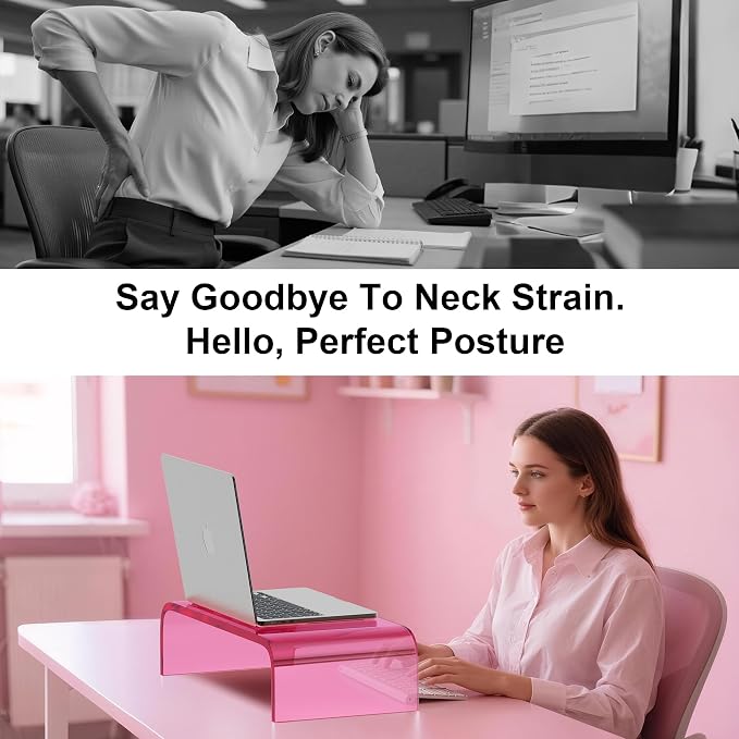 Acrylic Monitor Stand Riser L15''xW7.5''xH4'' Acrylic Laptop Stand Riser for Desk Clear Computer Monitor Stand for Desk Office Organizer for Office Home Bright Pink