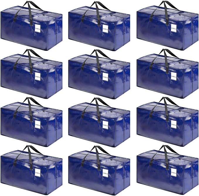 CHVEGLUZ 12 Packs Moving Bags Heavy Duty Extra Large,Storage Bags with Zipper&Handles, Sturdy&Durable Clothes Storage Bags Totes for College Dorm Essentials, Moving Boxes for College Supplies, Blue