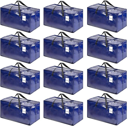 CHVEGLUZ 12 Packs Moving Bags Heavy Duty Extra Large,Storage Bags with Zipper&Handles, Sturdy&Durable Clothes Storage Bags Totes for College Dorm Essentials, Moving Boxes for College Supplies, Blue