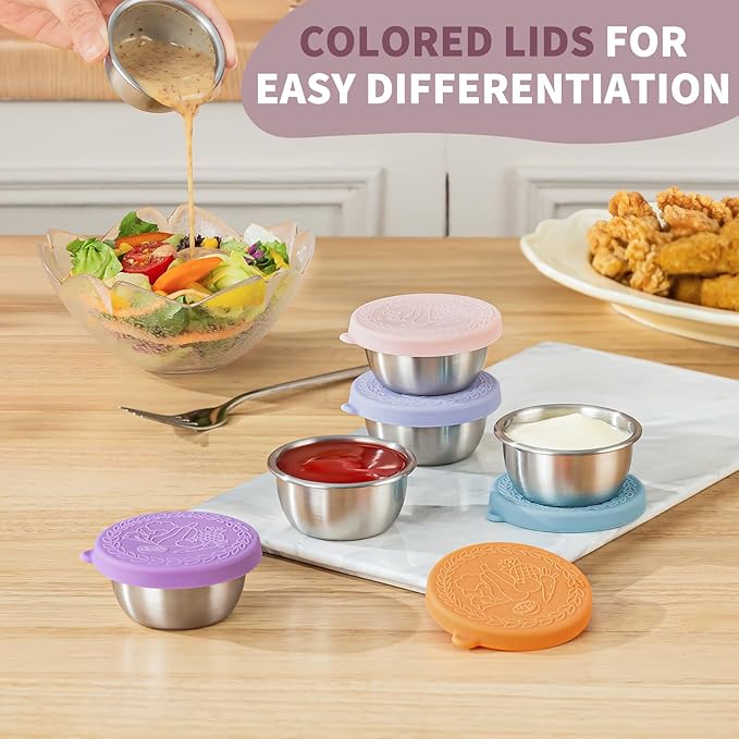 8 Pack - 1.6 Oz Small Salad Dressing Containers To Go, Sauce Cups with Lids | Food-grade stainless steel, leakproof reusable, BPA-free silicone, for lunch boxes, Kitchen storage, Picnic & meal prep