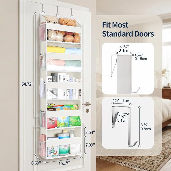 Yecaye 5 Tier Clear Over the Door Organizer Hanging, 5 Large Plastic Pockets and 10 Side Pockets Back of Door Organizer, 56lbs Weight Capacity Behind the Door Storage for Nursery, Ivory White