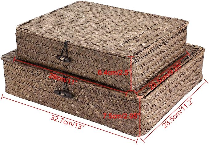 Hipiwe Set of 2 Flat Woven Wicker Storage Bins with Lid Natural Seagrass Basket Multipurpose Home Boxes for Shelf Organizer (Coffee)