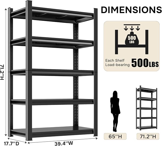 Large Capacity 5-Shelf Bookcase - Industrial Metal Bookshelf Tall & Adjustable, Ideal for Library/Office/Living Room, Black