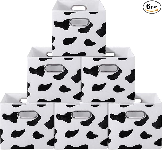 ANMINY Cow Print Cube Storage Bins with Handles, Washable, Collapsible | Cotton Linen Fabric, PP Plastic Board, Animal Print Decor, Storage Basket for Closet Shelf, 11 x 11 x 11 Inch, 6PCS