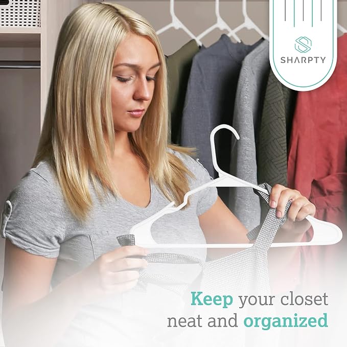 Sharpty Plastic Clothes Hangers – Notched Hangers for Clothes – Space Saving Adult Hangers for Shirts, Dresses, Coats & Pants – Lightweight Closet Organization (35 Pack, White)