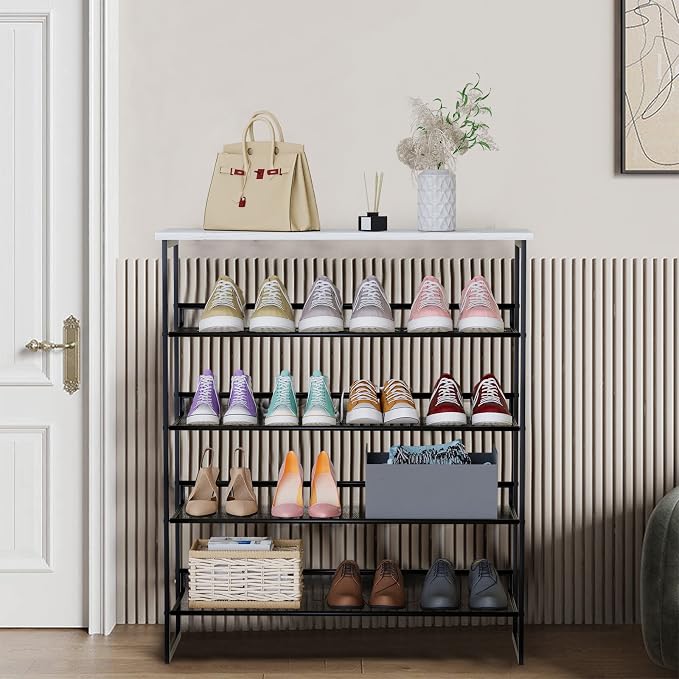 Garden 4 you Shoe Rack for Entryway 5 Tiers 11.8" D x 29" W x 36.5" H, Metal Shoe Rocks with White Wooden Tabletop, Angled Shoes Rack with Adjustable Mesh Shelves for Entryway Hallway Closet