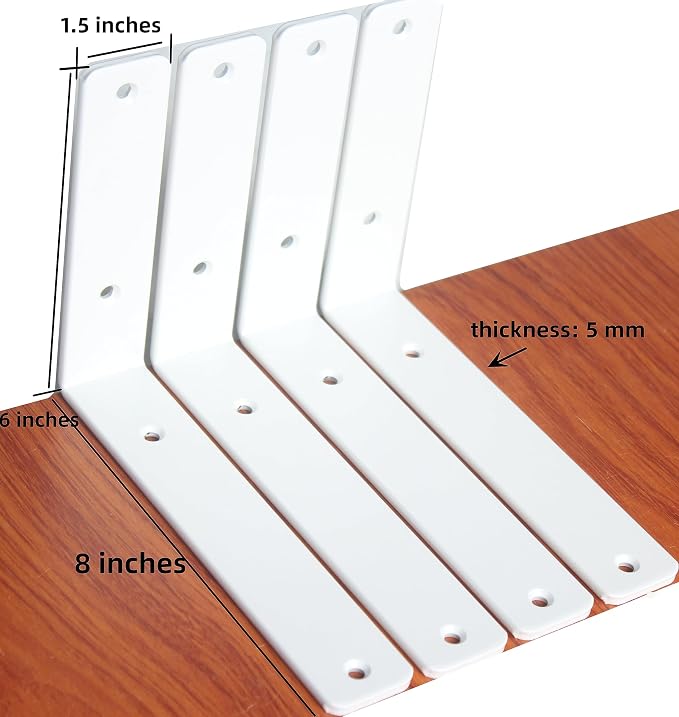 6 Pack - L 8" x H 6" x W1.5, 5mm Thick White L Shelf Bracket, Iron Shelf Brackets, Metal Shelf Brackets, Floating Shelf, Shelf Supports with Screws