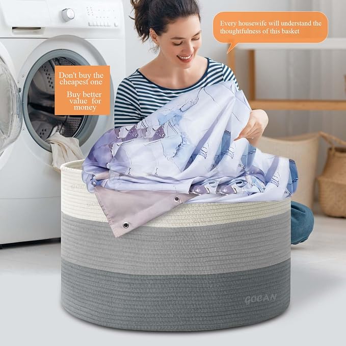 GOCAN Laundry Basket Cotton Rope Woven for Blankets Storage Basket with Handles for Living Room (Mixed Grey)