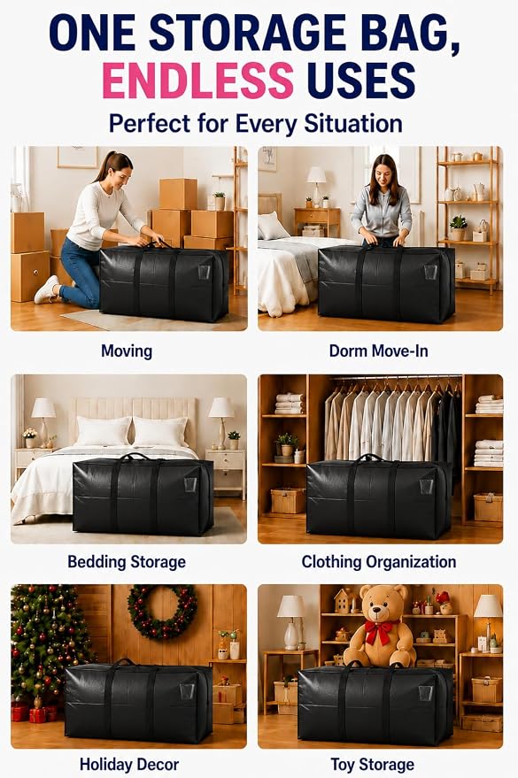 168 Gallon Extra Large Storage Bags, Jumbo Moving Storage Bags, Foldable Big Black Waterproof Outdoor Patio Cushion Storage Bag, 65x30x20inch - 1PACK
