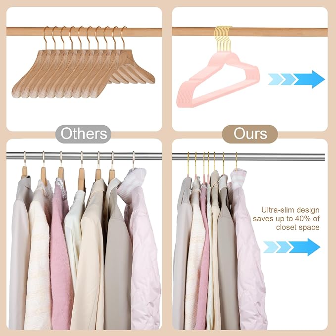 TIMMY 36-Pack Velvet Hangers with Gold Hooks - Space-Saving Non-Slip Heavy-Duty Clothes Hangers for Coats, Suits, Dresses, and Sweaters - Slim Design (Blush Pink+Gold)