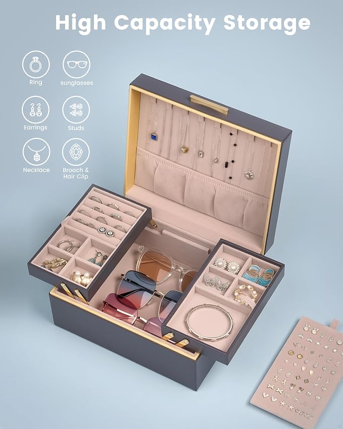 Lolalet Jewelry Box Organizer for Women Girls, 2 Layer Jewelry Organizers and Storage for Necklace Earrings Rings Bracelets, Large Jewellery Holder Case Birthday Gifts -Charcoal gray