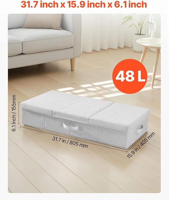 VEVOR Under Bed Storage with Lids, 31.7 x 15.9 x 6.1 Inch, 48L Large Underbed Clothes Storage Containers, Low Profile Gray Under Bed Drawer Shoe Organizer Bins Box for Blanket Shoe Bedroom, 2 Pack