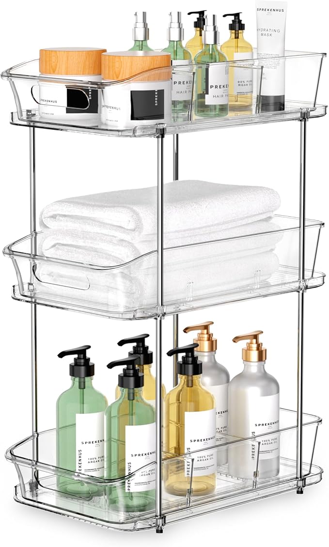incostar 3 Tier Under Sink Organizer and Storage - Multi-Purpose Stackable Pantry Organizer with Pull-Out Clear Bins and Movable Dividers for Kitchen and Bathroom Cabinet