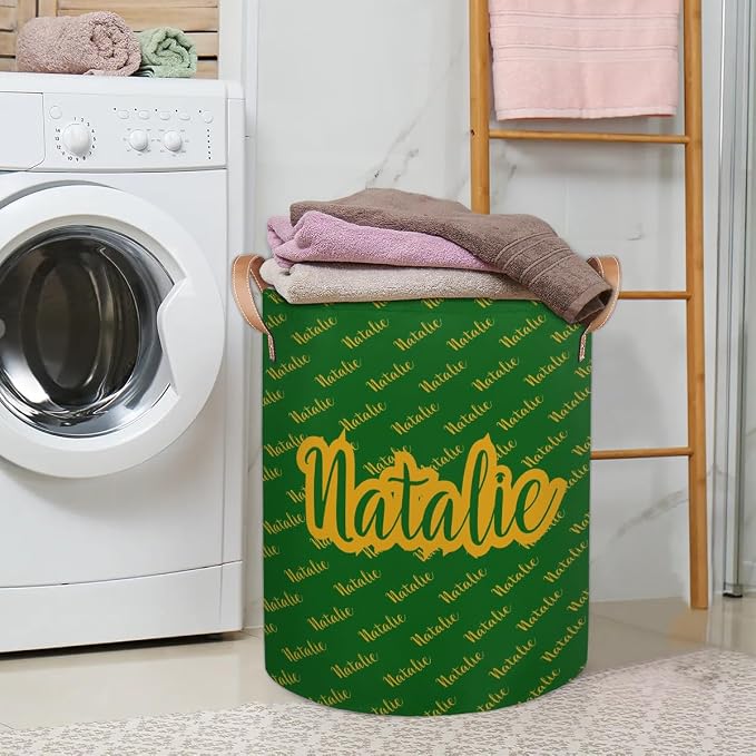 Personalized Laundry Basket, Custom Gift Laundry Hamper, Collapsible Nursery Waterproof Laundry Baskets, Dirty Clothes Toy Hamper with Handles Name Gold Green