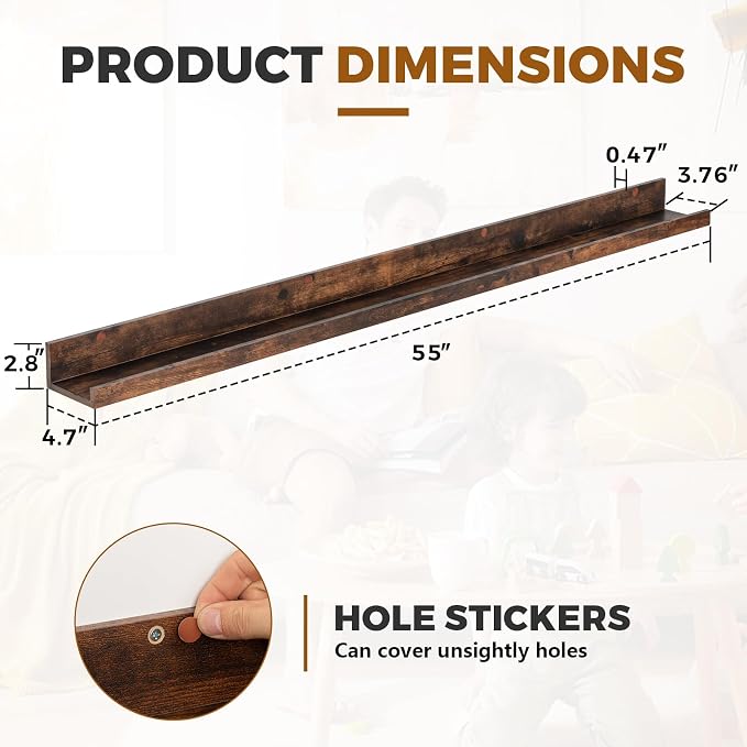 Muzilife 55" Large Floating Shelves Wood Wall Shelf with Lip, 2Pcs, Brown | FSC-Certified Wood | 20 lbs Capacity | Space-Saving | Hanging Shelf | Wall Decor| Bedroom,Living Room,Bathroom,Kitchen,Office