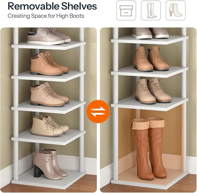 HOOBRO Vertical Shoe Rack, 8-Tier Narrow Shoe Shelf, Shoe Storage Organizer for Small Space, 11" L x 11" W x 53" H, Closet, Entryway, Hallway, Bedroom, White WW22XJ01
