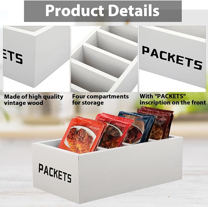 BSTKEY Seasoning Packet Organizer, Food Packet Storage Organizer with 4 Compartments, White Wooden Storage Caddy for Kitchen Pantry Cabinet, Farmhouse Kitchen Organization Bins for Snack Spice Packets