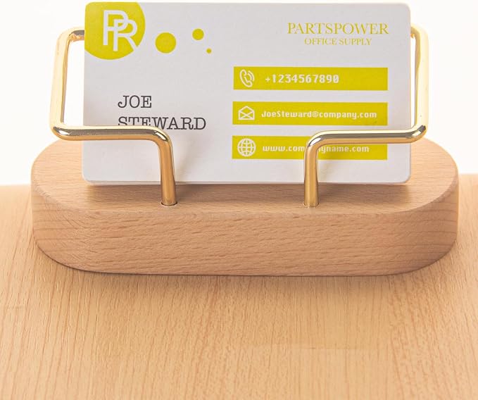 PARTSPOWER Wood Business Card Holder for Desk, Horizontal Wooden Business Name Card Display Stand, Desk Accessory Business Name Card Organizer (Beech Wood)