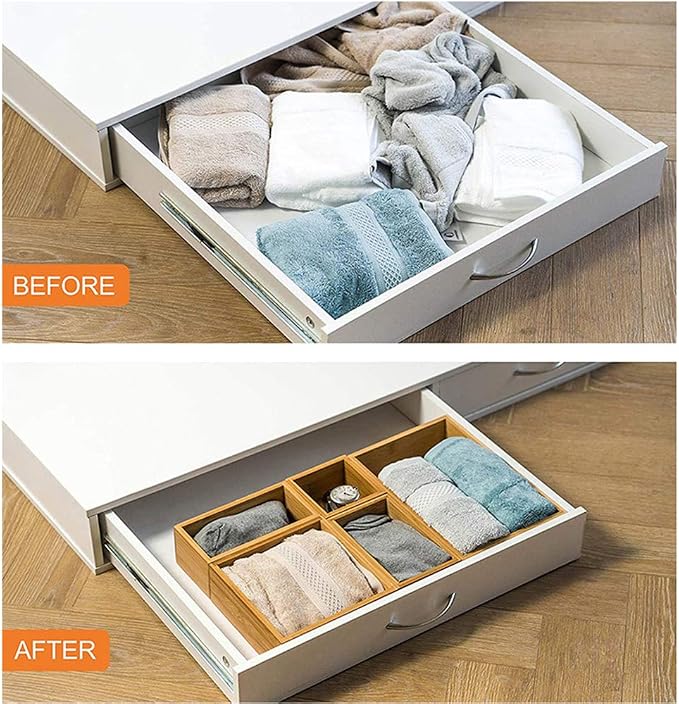 Lawei Set of 5 Bamboo Drawer Organizer Boxes, Desk Storage Box Kit, Drawer Storage Containers Tray Bins for Office, Kitchen, Bedroom, Children Room, Craft, Sewing