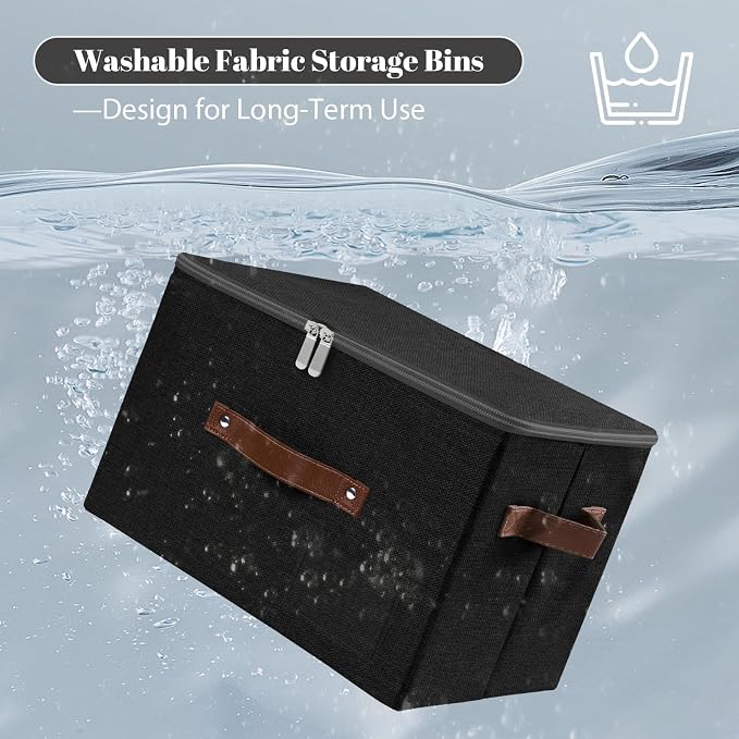 ANMINY 3PCS Storage Bins with Zipper Lid Storage Boxes with Label Holder PU Leather Handles Washable Foldable Decorative Lidded Cotton Linen Fabric Cubes Baskets Closet Organizer - Black, Medium