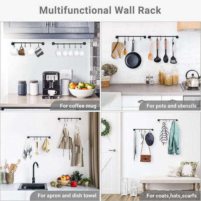 Mkono Mug Holder Wall Mounted Coffee Cup Rack Hanger Modern Metal Wall Rack with 15 Mug Hooks Rustic Utensil Tea Cups Storage Organizer for Kitchen Dining Room Coffee Bar, Set of 3, Black