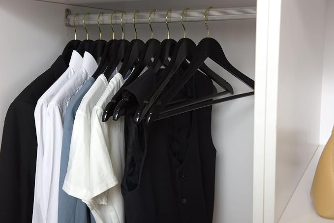 Quality Black Wooden Hangers - Slightly Curved Hanger Set of 30-Pack - Solid Wood Coat Hangers with Stylish Chrome Hooks - Heavy-Duty Clothes, Jacket, Shirt, Pants, Suit Hangers (Black-Gold Hook, 30)