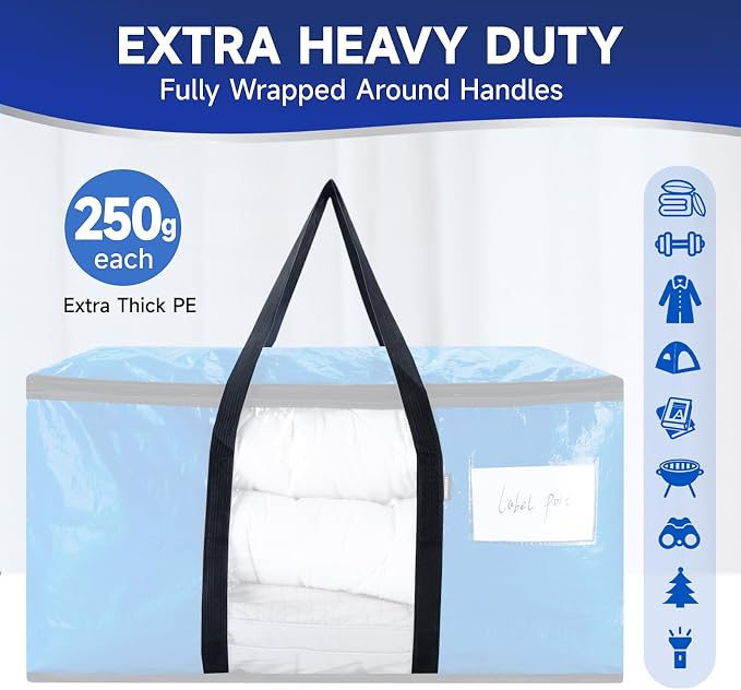 CONGREGATE 8-Pack Heavy Duty Moving Bags, Blue, 28.7"x13.7"x15" | Zippers and Handles, PE Material, Window Design, 97 Liters / 25.6 Gallons