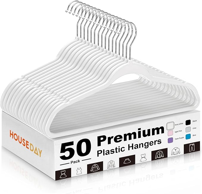 HOUSE DAY Ivory Plastic Hangers 50 Pack - Ultra-Thin Heavy Duty Non-Velvet | Hangers with 360° Swivel Hook & Non Slip Notches - Slim Space Saving Clothes Hangers Ideal for Dresses Coats Shirts Jackets