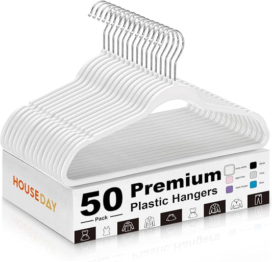 HOUSE DAY Ivory Plastic Hangers 50 Pack - Ultra-Thin Heavy Duty Non-Velvet | Hangers with 360° Swivel Hook & Non Slip Notches - Slim Space Saving Clothes Hangers Ideal for Dresses Coats Shirts Jackets