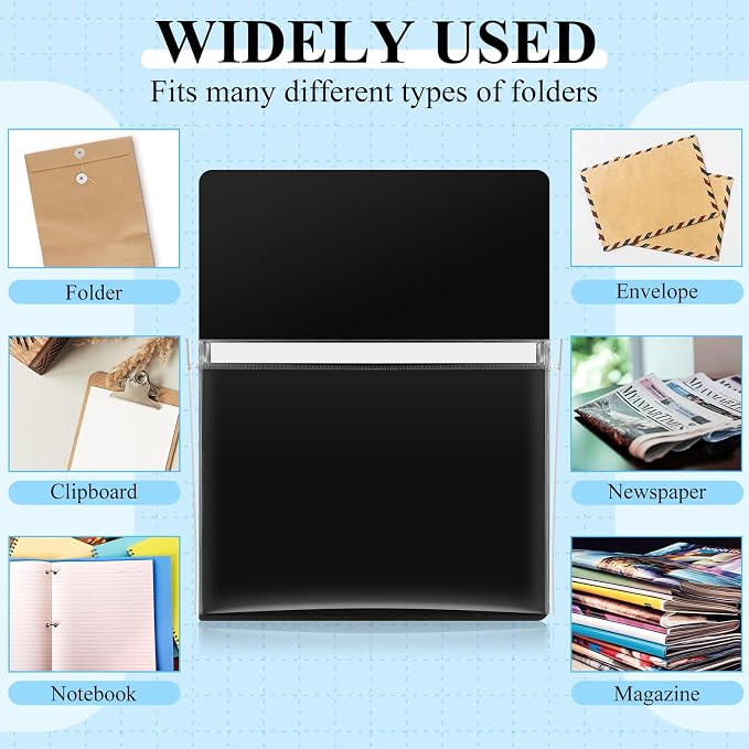 Henoyso 5 Pcs Magnetic File Holder Paper Holder Magnetic Pen Dry Erase Marker Organizer Fridge Pocket Organizer for Whiteboard Refrigerator, 12 x 9.5 in (Black)