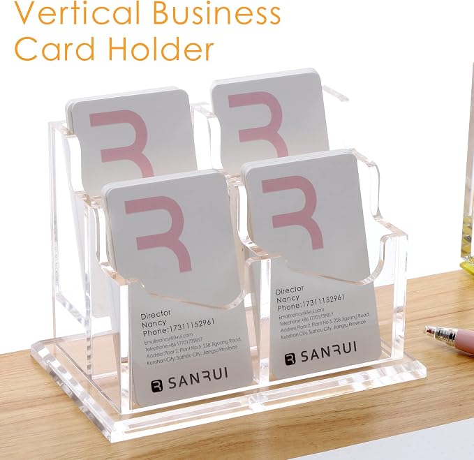 SANRUI Vertical Business Card Holder for Desk，Clear Acrylic Business Card Display Stand，4 Slots 2 Tier ，Holds 200 Cards