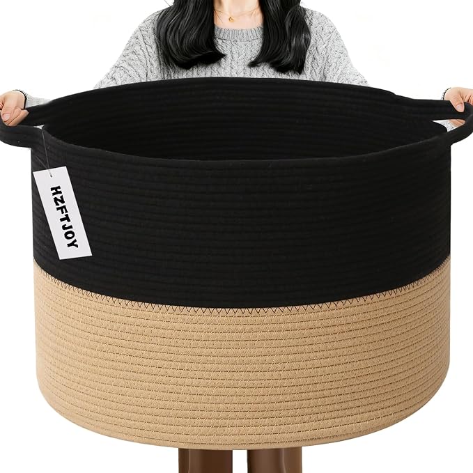 115L Extra Large Blanket Basket,Woven Rope Laundry Basket Hamper with Handles, Decorative Nursery Basket Storage Bin for Toys, Clothes Organizer, Living Room, Bedroom, Bathroom, Black&Camel