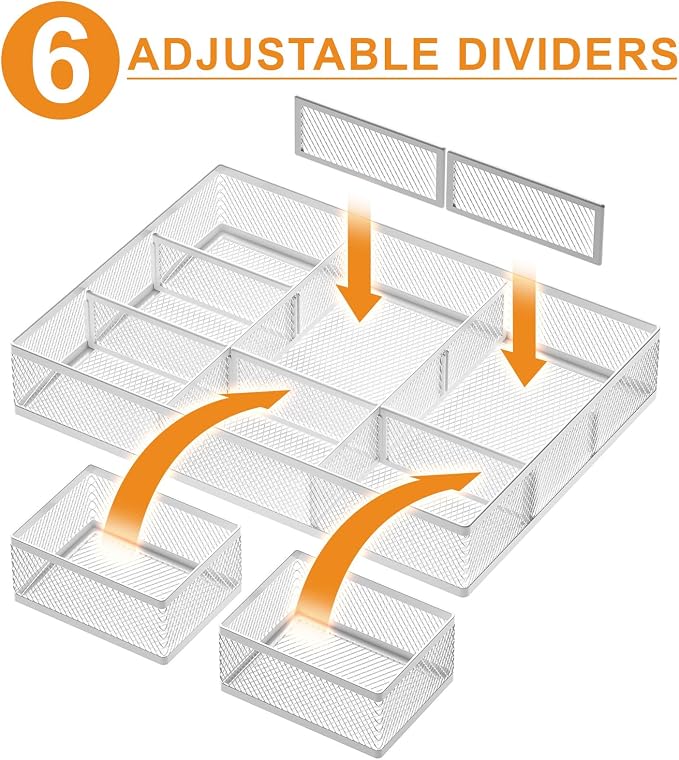 Marbrasse 3 Packs White Desk Drawer Organizers,Drawer Organizer Tray with 9 Adjustable Compartments,Junk Drawer for Makeup & Vanity, Office Desk Supplies and Accessories（White）