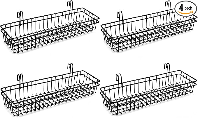 ANZOME Grid Wall Baskets, 4 Pack Black Wire Mesh with Hooks | Hanging storage bins for craft room, retail, office & pantry, built-in mounting clips, display shelf organizer, sturdy quad