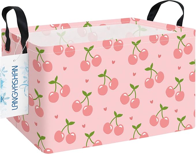 Rectangular Collapsible Pink Cherry Storage Basket Nursery Toy Organizer | Storage Bin Foldable Canvas with Handles for Organizing Home Kitchen Children Toys Office Closet Shelf Baskets
