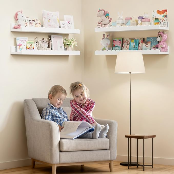 4-Pack 23.5IN Scalloped Shelves, Nursery Shelves for Wall, Floating Nursery Book Shelves for Kids, White