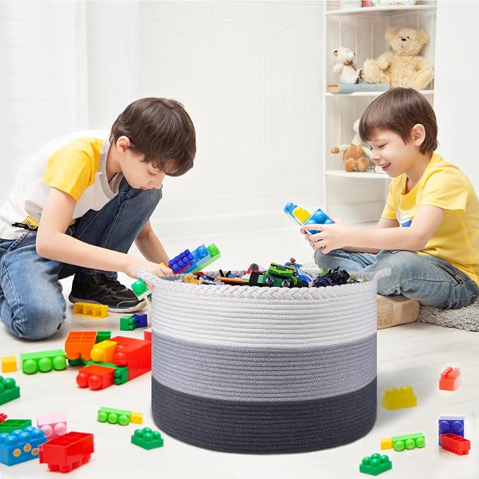 COMSE Extra Large Woven Blanket Laundry Basket, 21.7”x 13.8”, Nursery Hamper, Cotton Rope Laundry Hamper Living Room for Storage Toys Clothes Towels (White & Light Gray & Dark Gray)