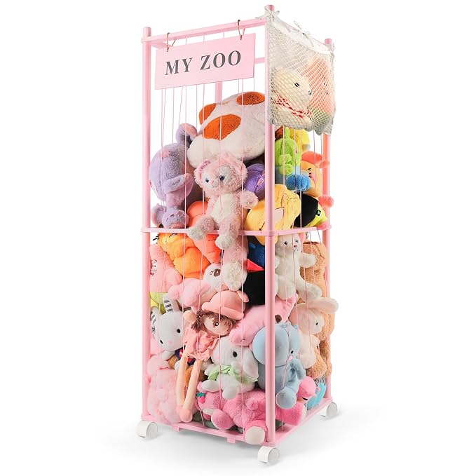 GLDZI Stuffed Animal Storage Zoo with Wheels, Wooden Stuffed Animal Organizer with Elastic Cords, Space Saving Toy Plushies Storage Holder for Playroom, Bedroom, Living Room(Pink, Large)
