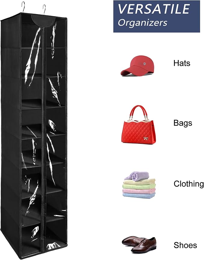8 Tier Clear PVC Hanging Organizer With Zipper, Sweater Storage Shelves With Cover, Shoe Organizer for Closet, Black