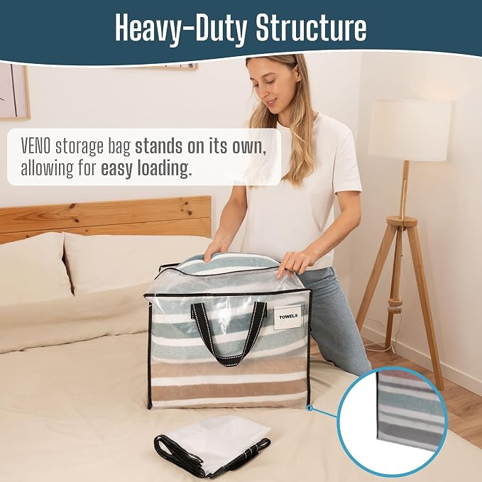 VENO 4 Pack Heavy Duty Moving Bags, Storage Bags, Packing Supplies, Top Zipper, Storage Totes for Camping, Clothes, Bedding, Comforters, Pillows (13 Gallon Clear, 4 Pack)