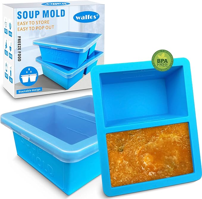Walfos Extra-Large Silicone Freezing Tray with Lid, 1-Cup Freezer Tray for Soup, Silicone Freezer Container For Storing and Freezing, Broth, Sauce and Ice, 2 Pack
