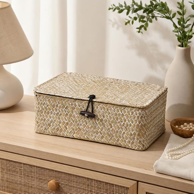 Wicker Basket with Lid, Natural Seagrass Storage Baskets for Organizing, Woven Basket for Storage, Decorative Boxes Bins with Lids Home Organizer Decor (Whitewash, 9.05" x 5.11" x 3.34")