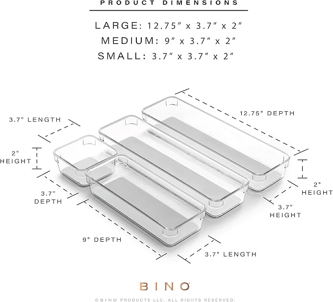 BINO | 4-Piece Drawer Organizer Bin Set - Grey, Small | THE MODULAR+ | Multi-Purpose Storage | Soft-Grip Lining and Non-Slip Rubber Feet | Durable | BPA-Free | Desk Drawer Organizer | Vanity