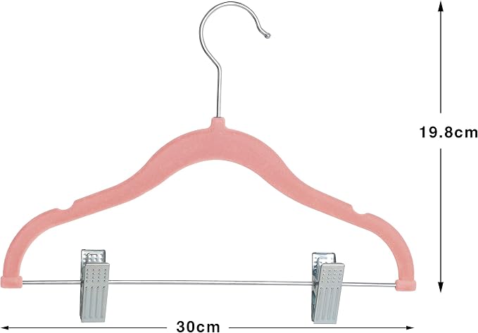 Finnhomy Non-Slip Clothes Hangers for Baby and Kids 20-Pack Velvet Hangers with Movable Clips, Heavy-Duty and Space-Saving for Pants,Skirts, Coat, Pink