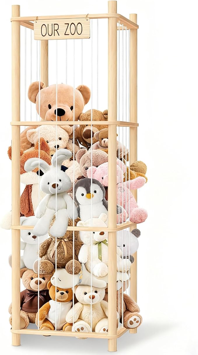 Stuffed Animal Storage & Organizer – Wooden Zoo Cage Display Shelf for Large Plush Toy Storage, Kids Room & Bedroom Decor