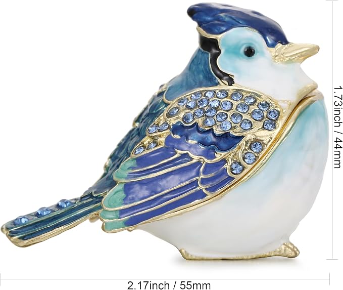 Hand Painted Enamel Blue Jay Trinket Box for Home Decor, Hinged Jewelry Organizer for Ring Earrings, Unique Figurine Keepsake Collectible Personalized Elegant Handmade Ornament Gifts (Blue Jay)