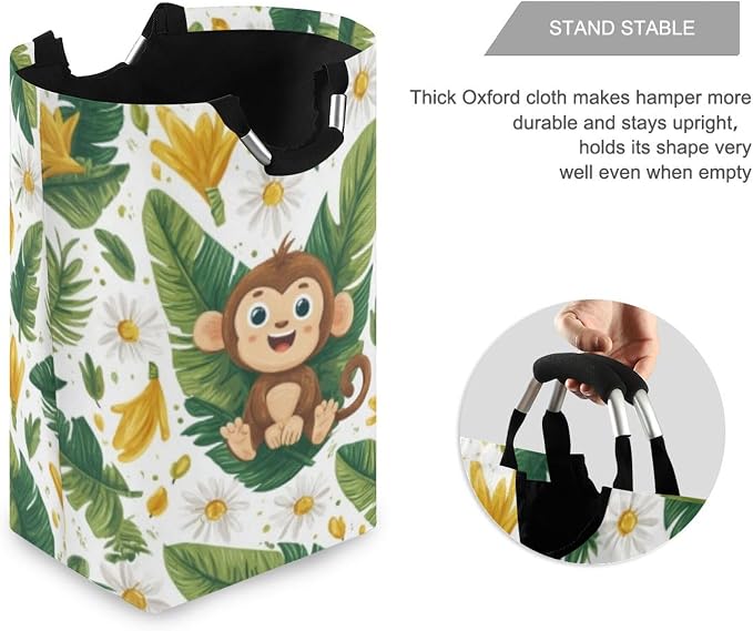 Sunny Monkey with Daisies Large Laundry Hamper Basket, Collapsible Laundry Bag Storage Bins Baskets with Handles for Laundry, Bedroom, Home Decor