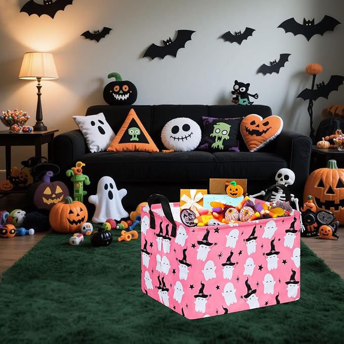 Halloween Ghost Storage Basket with Handles Pink Open Gifts&Candy Spooky Basket stuffers for Kids Baby Collapsible Women Organizer Bins Toys Boxes for Shelves Home Office